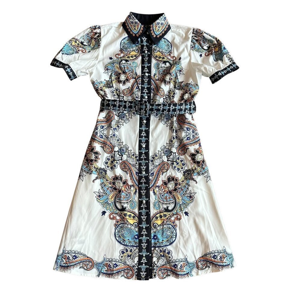White Paisley-Print Shirt Dress with Blue and Black Accents